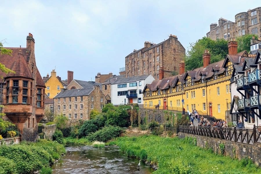 Beautiful view of Dean Village Edinburgh from a little bridge